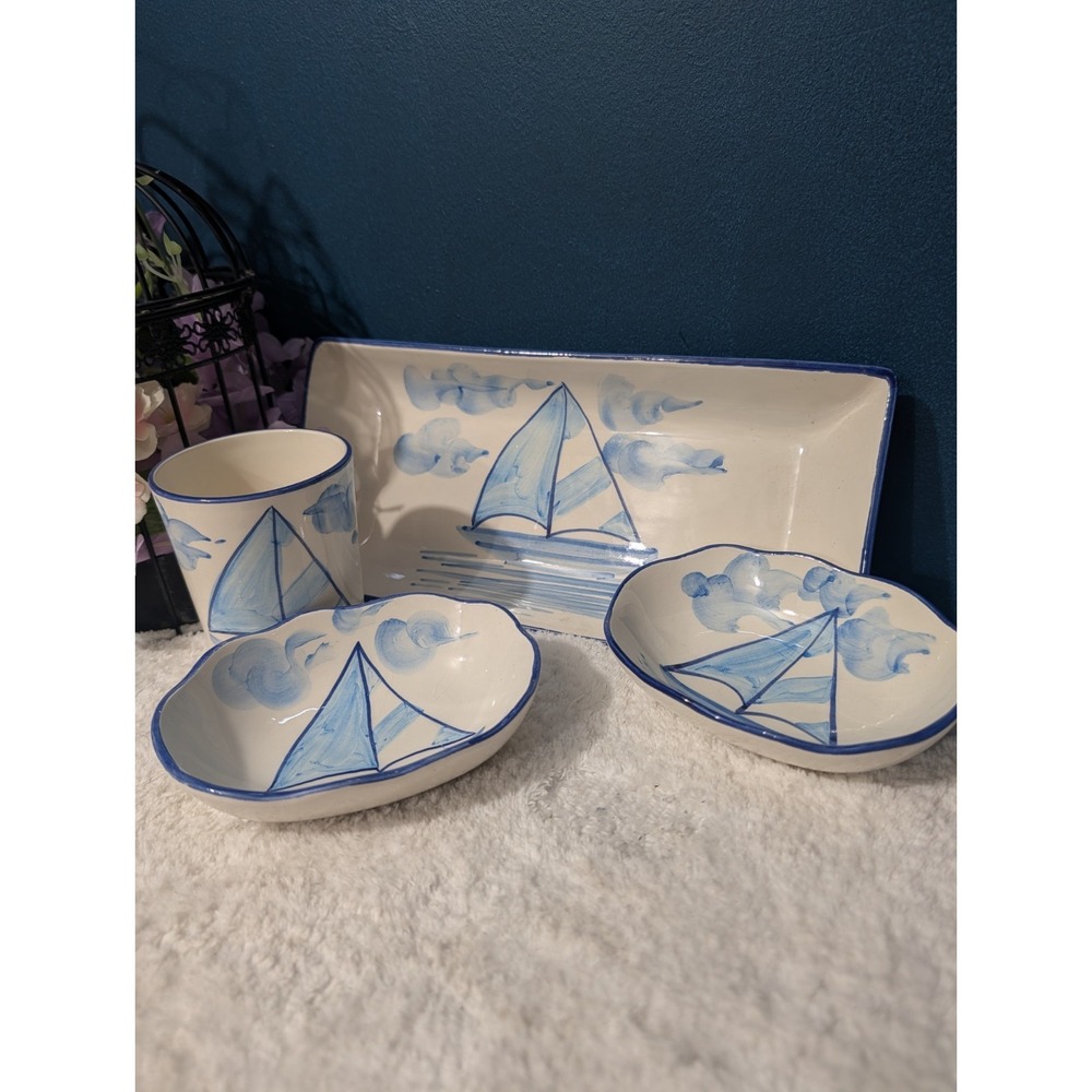 Vintage Made in Portugal Nautical Sailboat Ceramic Set Platter Bowls Tumbler 4pc